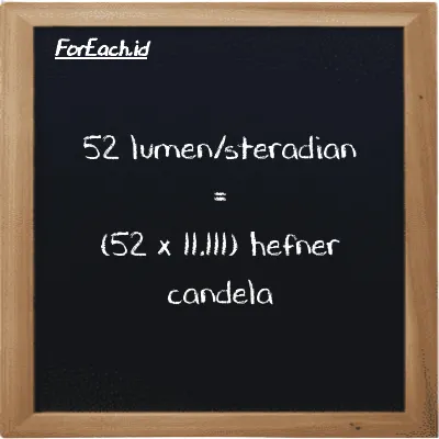 52 lumen/steradian setara dengan 577.78 hefner candela (52 lm/sr setara dengan 577.78 HC)